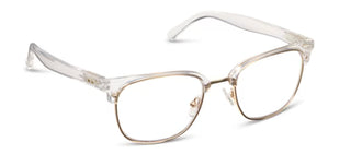 Alt text: "Rory Clear & Gold Readers by Peepers - Stylish eyewear with transparent frames and gold accents for modern elegance.