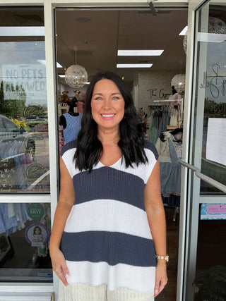 Navy Stripe V-Neck Sleeveless Knit Top on Sale, showcasing a stylish and comfortable summer fashion must-have for women.