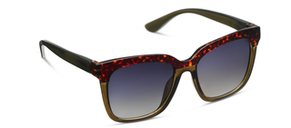 Tortoiseshell and olive green square frame sunglasses with gradient lenses and dark arms.

