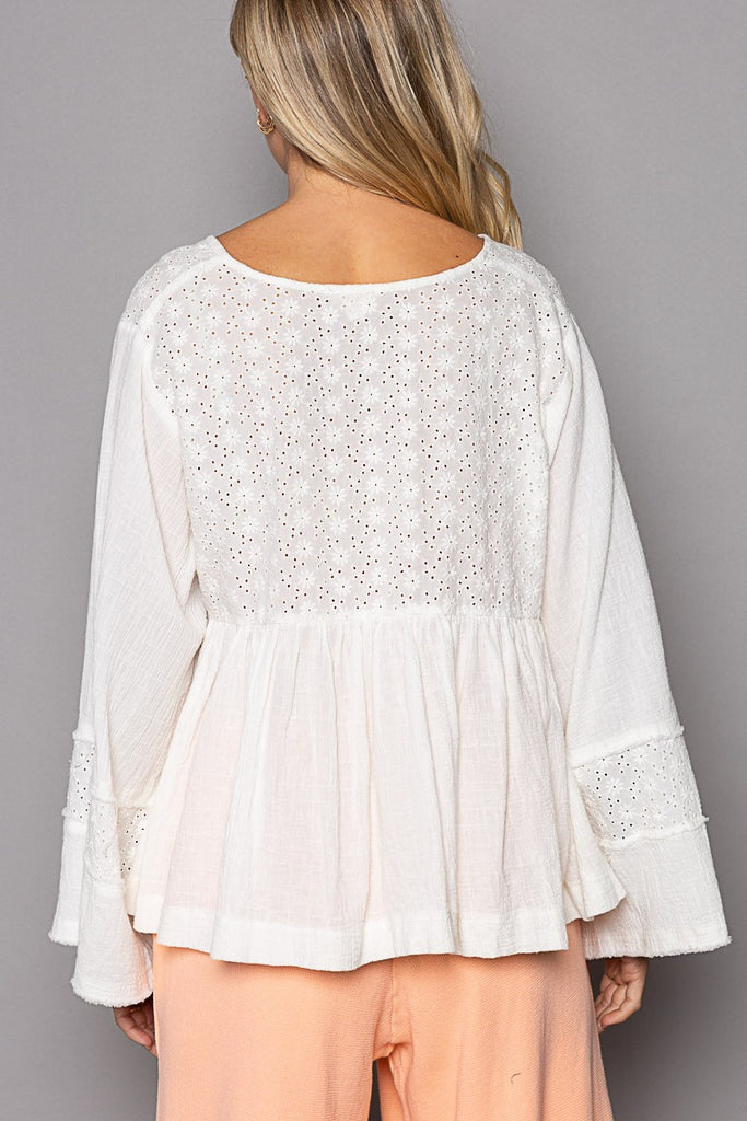 FINAL SALE POL - White Tie Front Bell Sleeve Eyelet Top - The Gypsy Belle Boutique