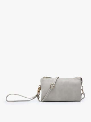Light grey crossbody faux leather organizer purse with gold hardware and adjustable strap, ideal for stylish organization.
