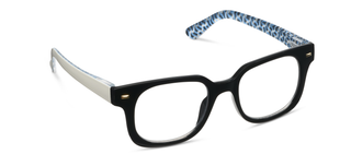 Black wavy square-frame readers with patterned blue and white temple arms and clear lenses.

