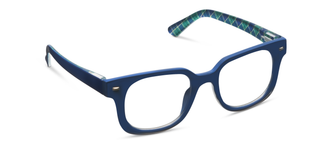 Navy blue square-frame readers with plaid pattern on temple arms.
