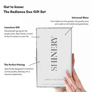 Shinery Radiance Wash Luxury Jewelry Cleaner and Brush Duo in sleek packaging for ultimate jewelry shine and care.