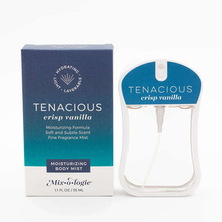 A sleek bottle of TENACIOUS Crisp Vanilla Mixologie Moisturizing Body Mist with an elegant, minimalist design.
