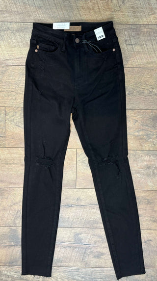 Judy Blue 88562 Black Distressed Knee Skinny Jean - FINAL SALE, stylish and comfortable denim for a chic look.