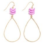 Gold & pink chevron teardrop earrings with intricate design, perfect for adding a touch of elegance and color to any outfit.
