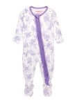 Purple Princess Castle Toile Ruffled Footie for newborns, featuring charming castle print and soft ruffles, perfect for cozy comfort.