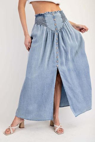 Stylish mineral wash chambray maxi skirt with front slit and button detail by ee:some, perfect for a chic summer look.