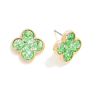 St. Patrick's Day Green Glitter Clover Earrings – Sparkling four-leaf design, perfect festive accessory for any outfit.