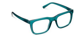 Teal square-frame progressive glasses with clear lenses and dark temple arms.
