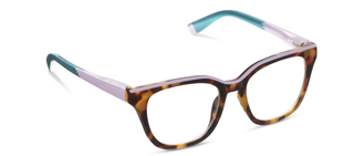 Tortoiseshell and pink wayfarer-style reading glasses with teal and purple accents on temples.
