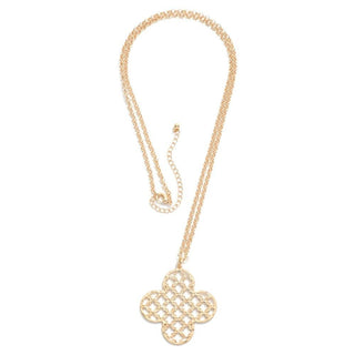 Gold long chain link necklace with delicate clover cut outs displayed on a white background for a chic, elegant look.