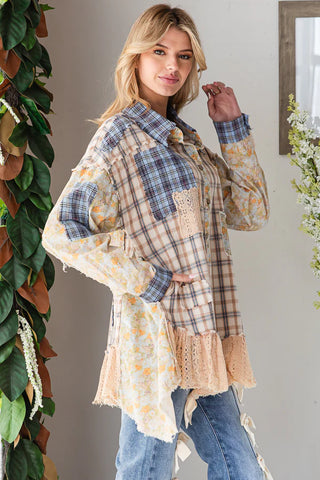 Oli & Hali Washed Ruffle Hem Blue Plaid Mix Top
