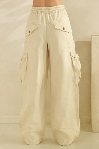 Oli & Hali Washed Elastic Waist Cargo Rope Tie Pocket Pants (2 COLORS)