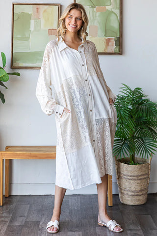 Oli & Hali Ecru Patch Lace Button Up Long Shacket Top Kimono