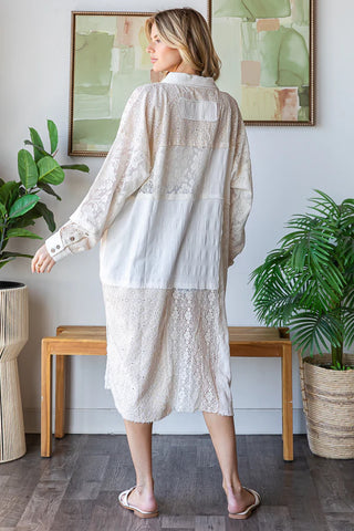 Oli & Hali Ecru Patch Lace Button Up Long Shacket Top Kimono