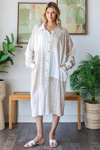 Oli & Hali Ecru Patch Lace Button Up Long Shacket Top Kimono