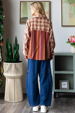Oli & Hali Burgundy Washed Plaid & Stripe Mix Shacket Top
