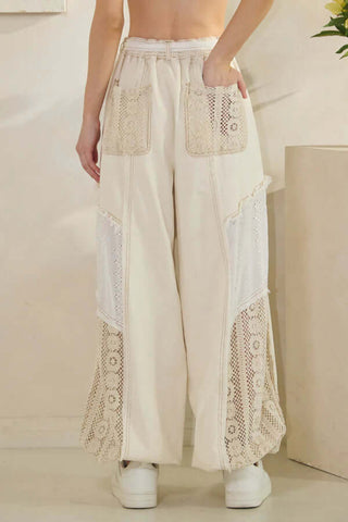 Ivory & Lace Mixed Fabric Jogger Pants with Elastic Back and Belt by Oli & Hali – Stylish and Comfortable Fashion.