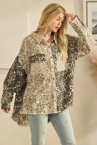 Oli & Hali Washed Leopard Paisley Button Down Shacket Top