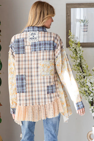 Oli & Hali Washed Ruffle Hem Blue Plaid Mix Top