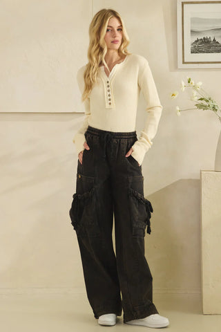 Oli & Hali Washed Elastic Waist Cargo Rope Tie Pocket Pants (2 COLORS)