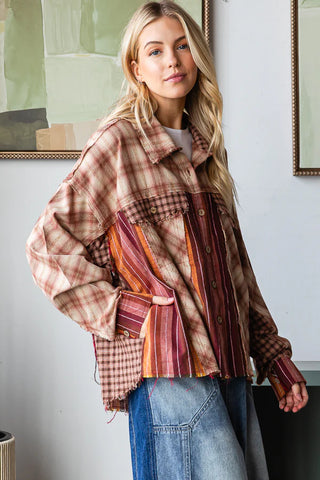 Oli & Hali Burgundy Washed Plaid & Stripe Mix Shacket Top