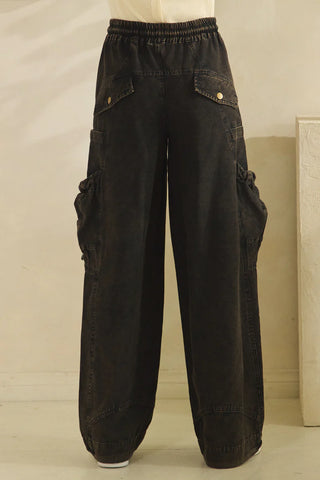 Oli & Hali Washed Elastic Waist Cargo Rope Tie Pocket Pants (2 COLORS)