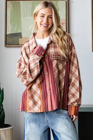 Oli & Hali Burgundy Washed Plaid & Stripe Mix Shacket Top