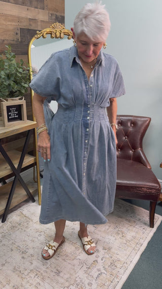 In Feb Mineral Washed Denim Button Down Pleated Midi Dress