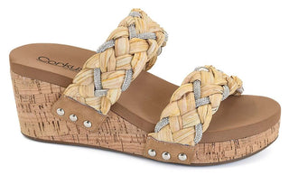 Stylish Corkys Total Knockout Raffia & Rhinestone Wedge Sandals – Perfect for a chic, elevated summer look.
