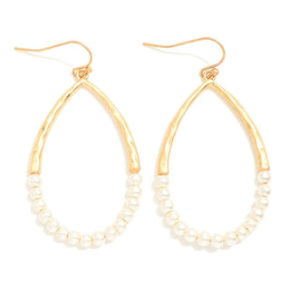 Elegant Hammered Gold & Pearl Beaded Teardrop Earrings with intricate design, perfect for a sophisticated look.
