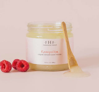 FHF Rasmopolitan® Body Polish - Liquor-Infused Exfoliator in Scented Jar with Fresh Raspberries and Botanical Ingredients
