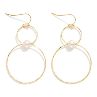 Gold Hammered Hoop Earrings w/ Pearl Detail