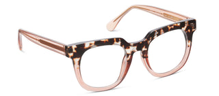 Tortoiseshell and pink round eyeglasses with clear lenses and gradient frames.
