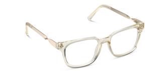 Clear champagne-tinted oversized square readers with translucent frames and straight arms.
