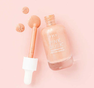 FHF Pink Dusk® Illuminating Peptide Serum bottle with a glowing background, enhancing skin's radiance.