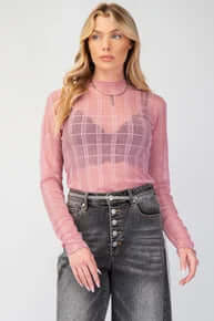 Easel Mauve Plaid Mesh Layering Top with a stylish design, perfect for versatile fashion layering and comfort in any season.