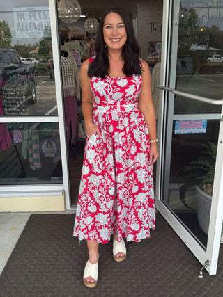 Red White Navy Americana Floral Print Midi Dress – Perfect for Summer, with Sleeveless Design and Flowy Fabric