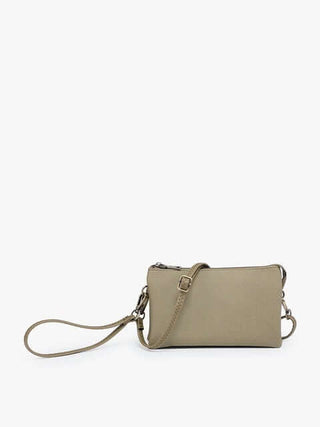 ARMY GREEN Faux Canvas Crossbody Organizer Purse with multiple pockets and adjustable strap on a white background.