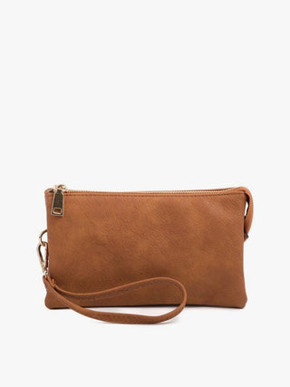 Brown crossbody faux leather organizer purse with multiple compartments and adjustable strap on a white background.