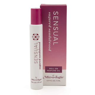 SENSUAL Sugared Sandalwood Mixologie Rollerball Perfume: Elegant unisex fragrance in a sleek glass bottle.