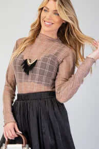 Easel Mocha Plaid Mesh Layering Top - Stylish plaid design with mesh details, perfect for trendy and comfortable layering.