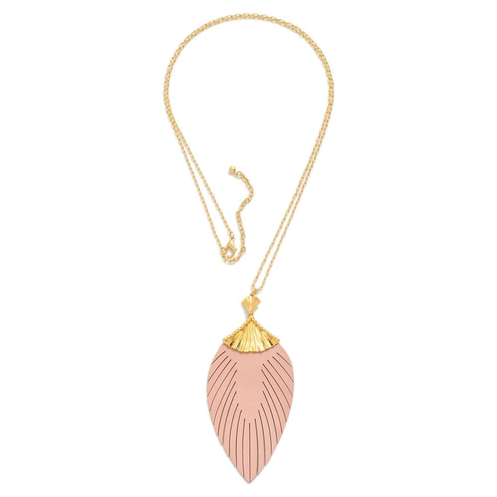 Long Gold Necklace with Pink Leather Feather Pendant - The Gypsy Belle Boutique