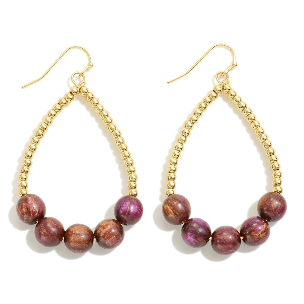 Gold Bead & Burgundy Stone Teardrop Earrings - The Gypsy Belle Boutique