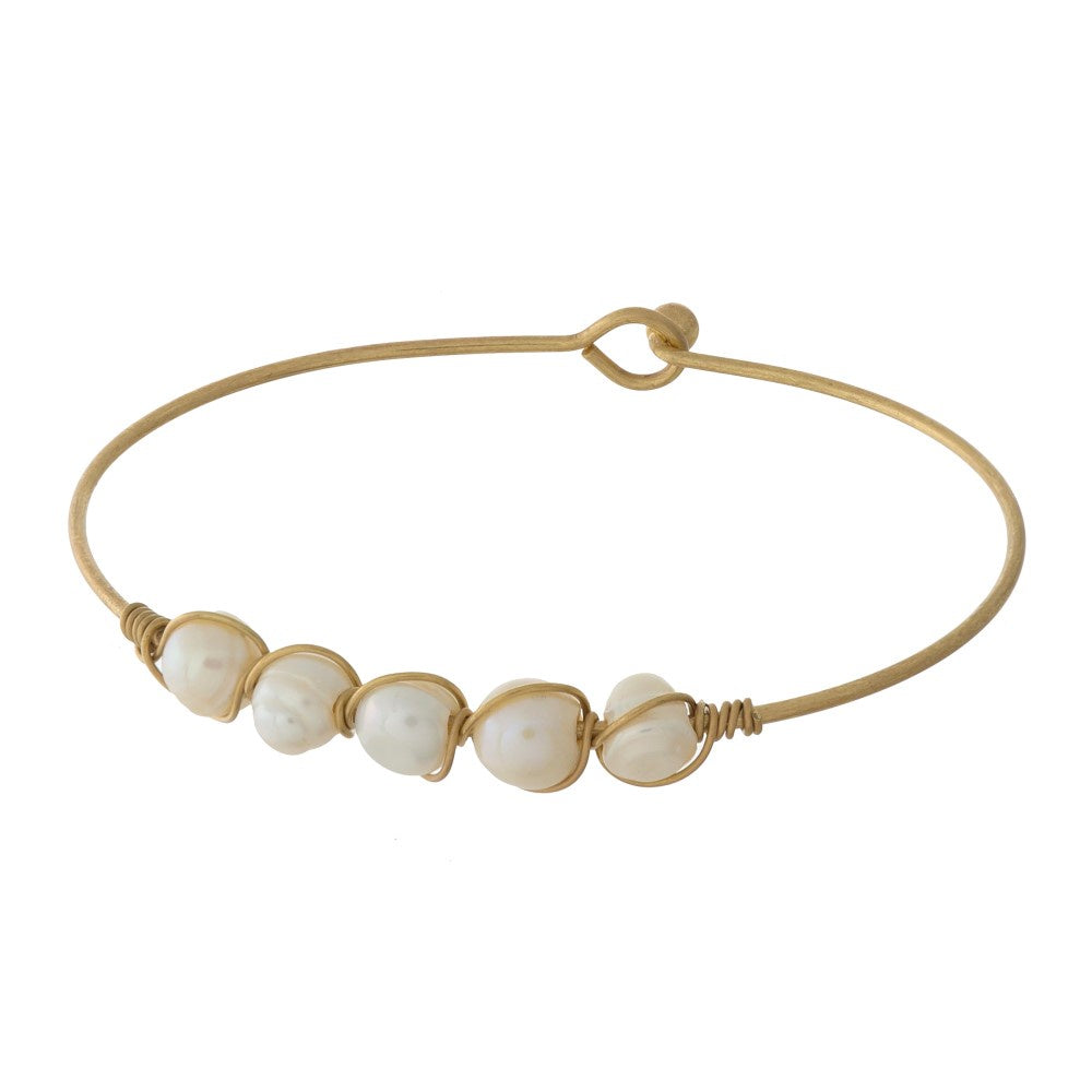 Gold & Ivory Pearl Wire Bangle Bracelet - The Gypsy Belle Boutique