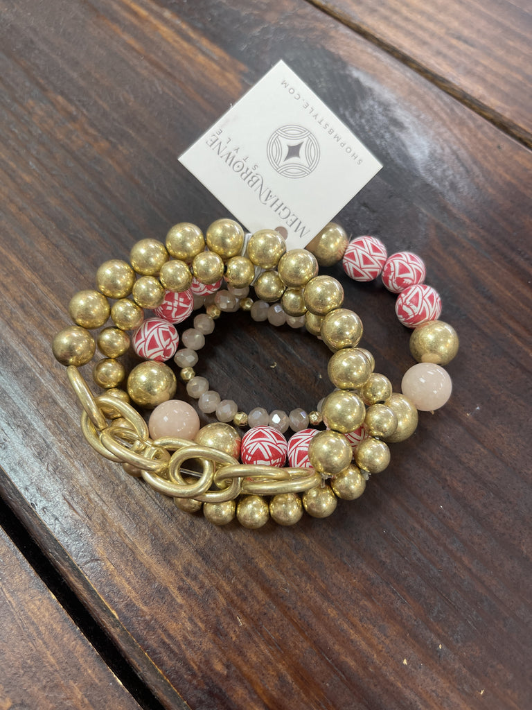 Hot Pink Print Bead & Gold Bracelet Set - The Gypsy Belle Boutique